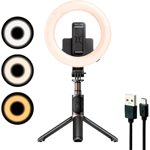 Yesido Wireless Selfie Stick Telescopic Phone Holder Tripod With Ring Fill Light Black